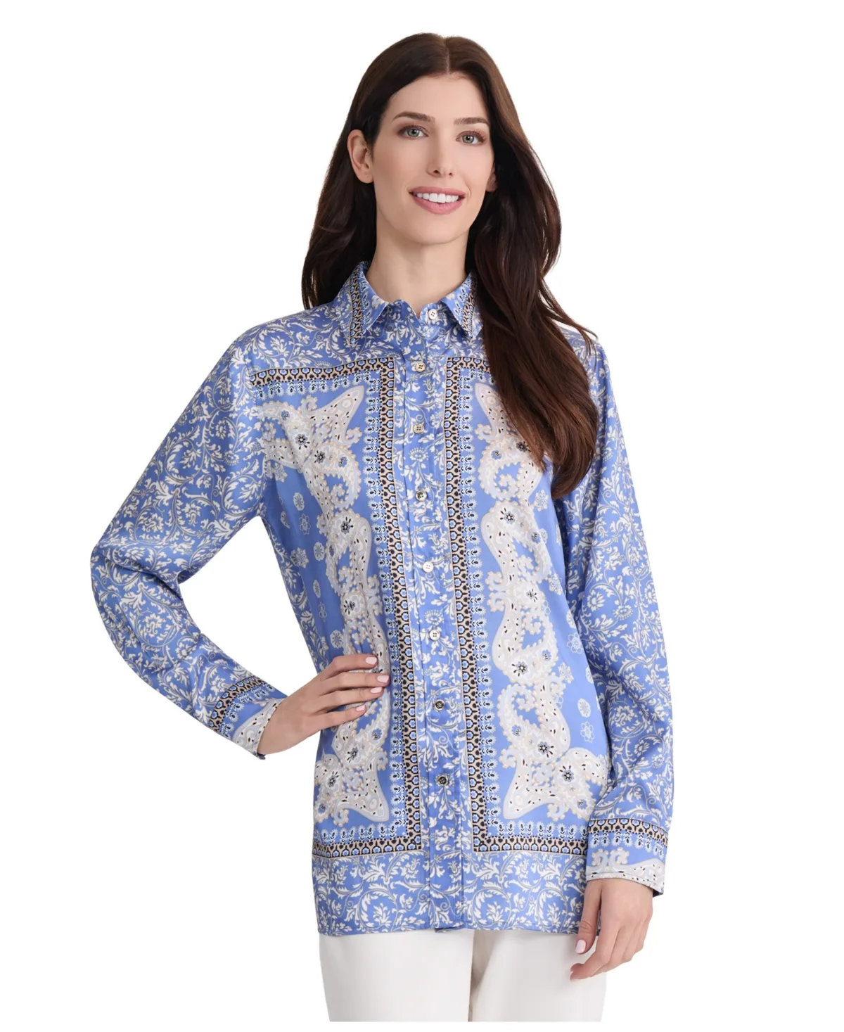 Satin Paisley-Print Button-Front Blouse by Jones New York