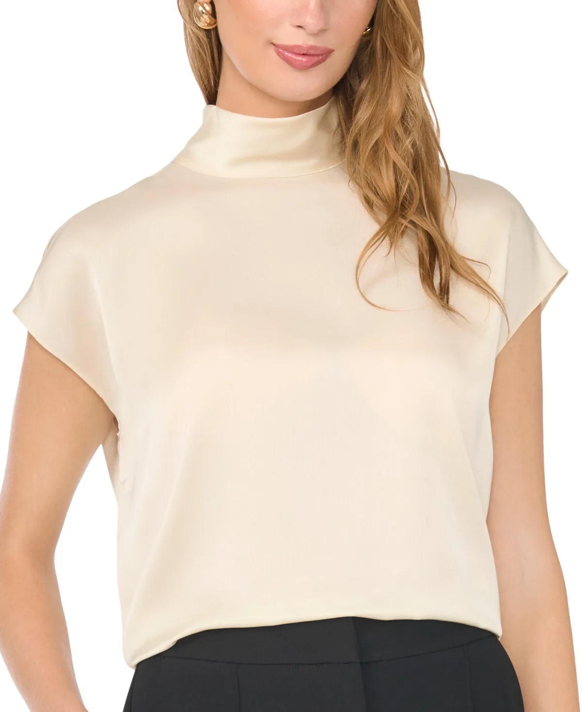 Mock Neck Short-Sleeve Satin Blouse by Vince Camuto
