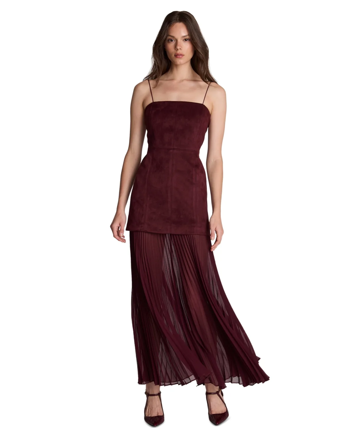 Square-Neck Spaghetti-Straps Combo Pleated Midi Dress by Kenneth Cole
