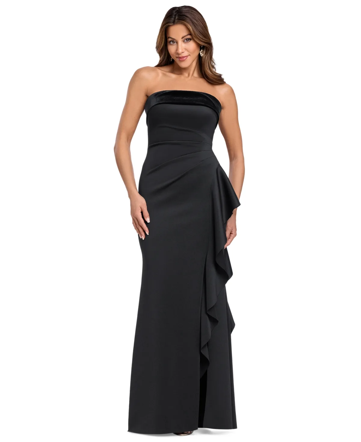 Strapless Velvet Ruffle Gown