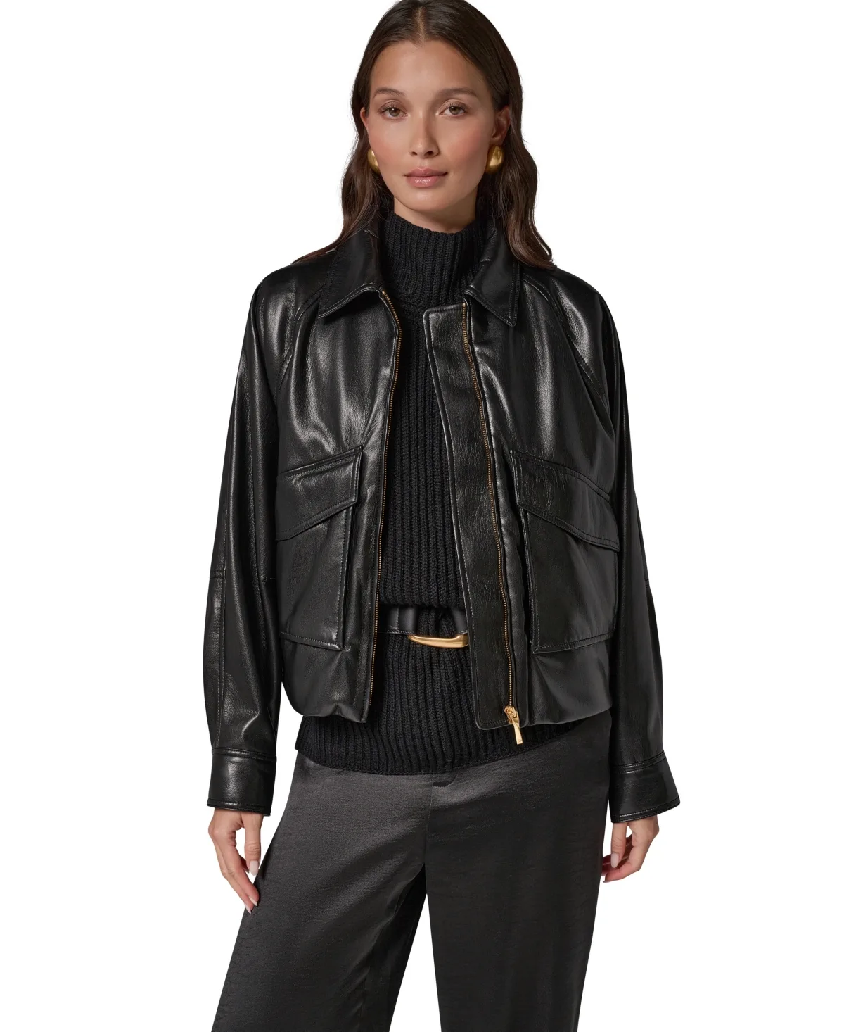 Short Raglan Collared Faux Leather Jacket