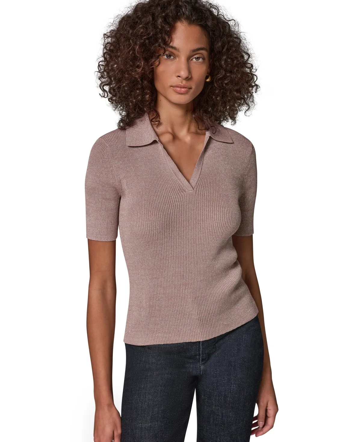 V-Neck Lurex Elbow-Sleeve Polo