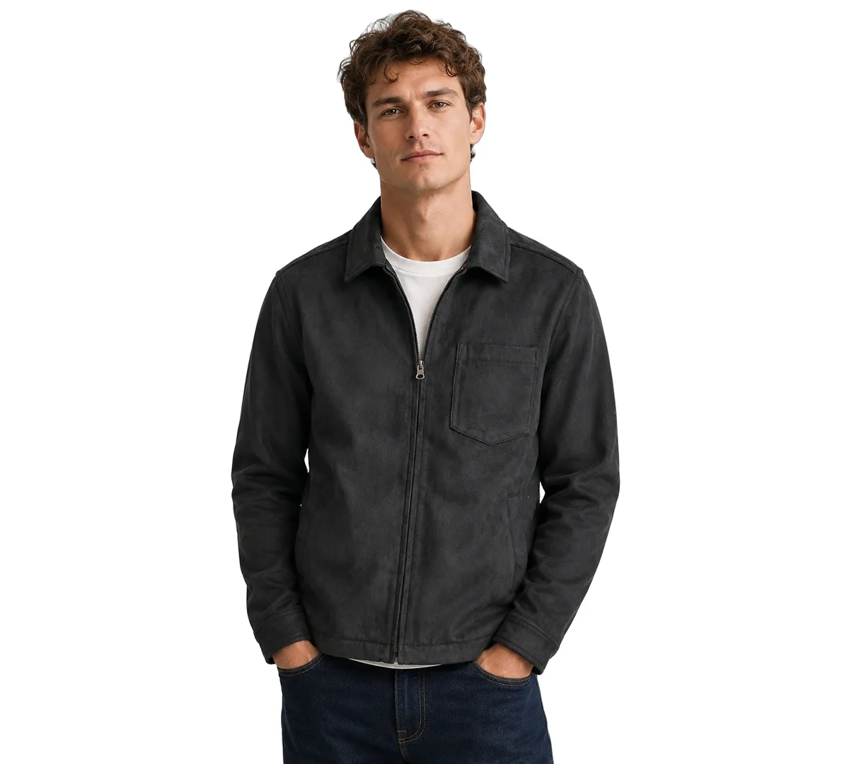 Faux Suede Full-Zip Fleece-Lined Jacket