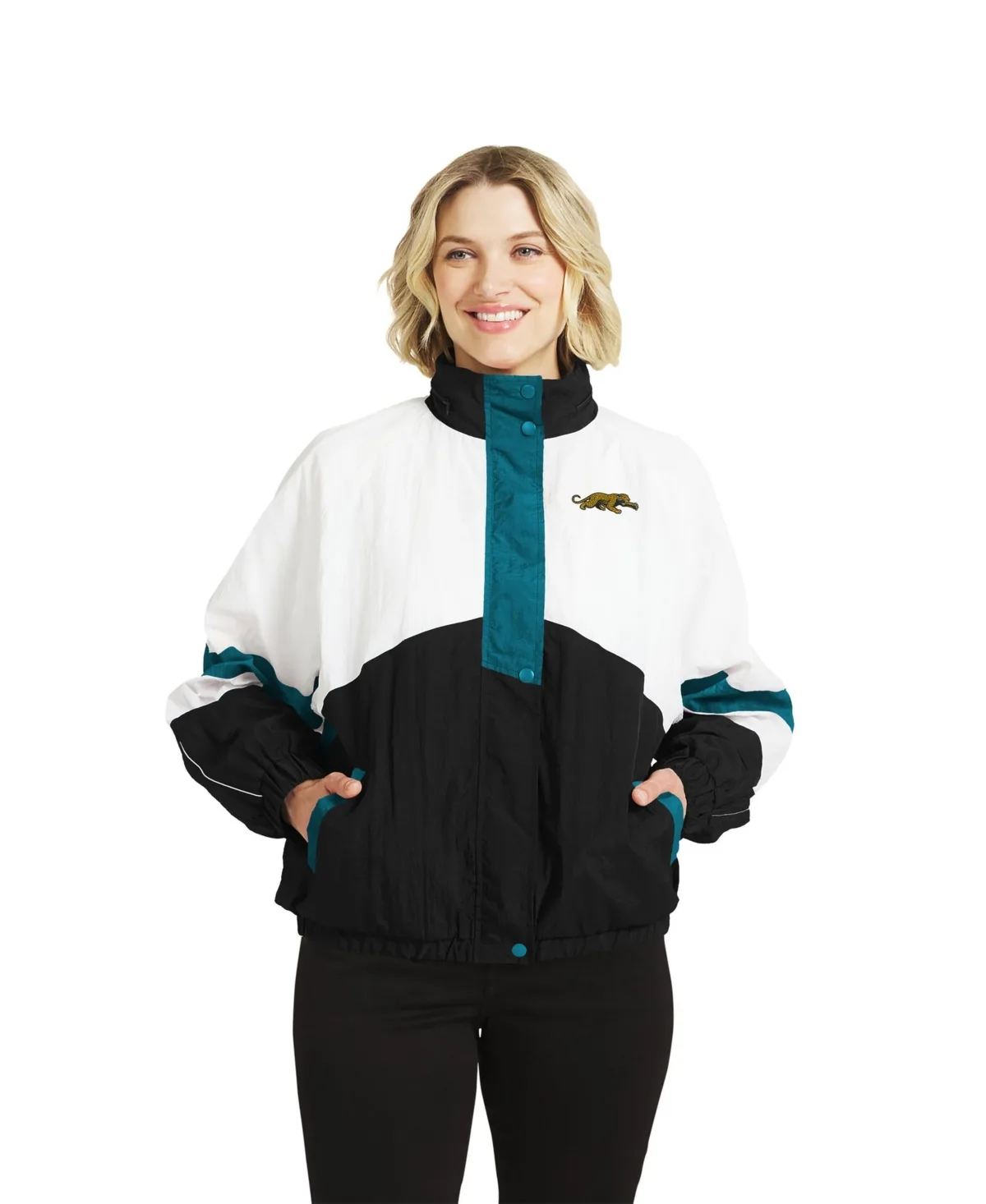 Jacksonville Jaguars Hooded Crinkle Windbreaker Jacket by Wear by Erin Andrews