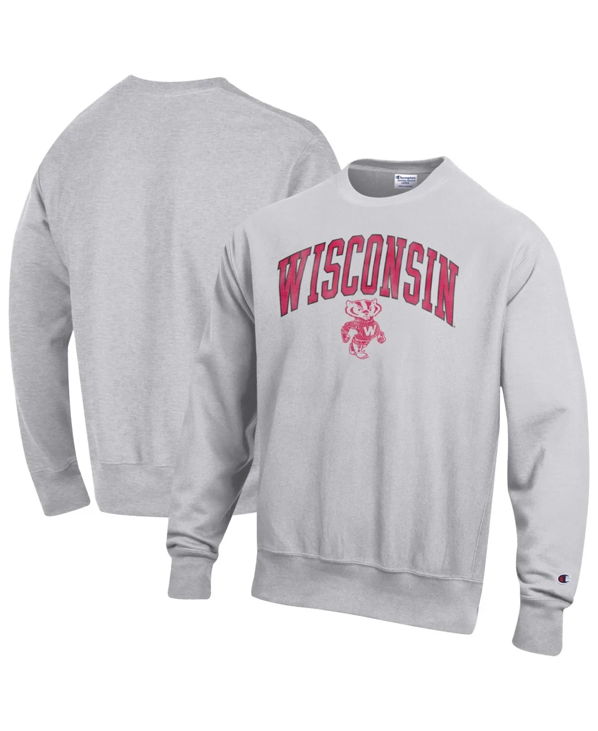 Wisconsin Badgers Distressed Arch Over Logo Reverse Weave Crew Neck Sweatshirt by Champion