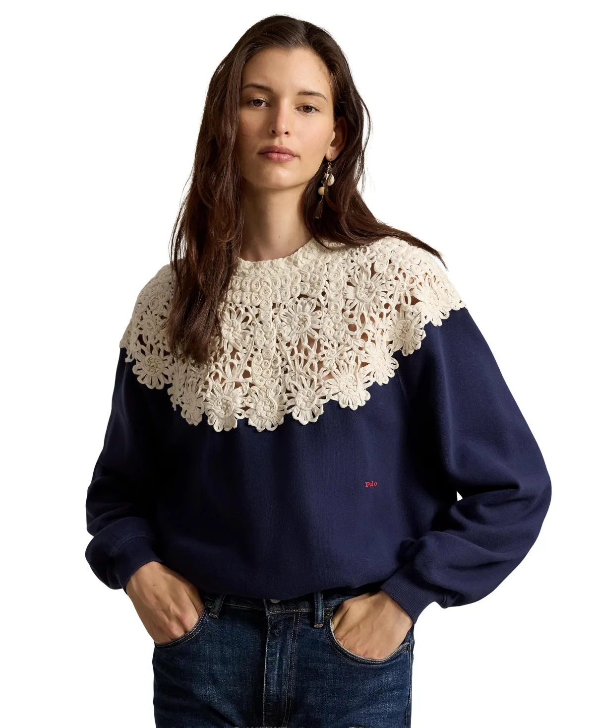 Crocheted-Yoke Crewneck Pullover by Polo Ralph Lauren