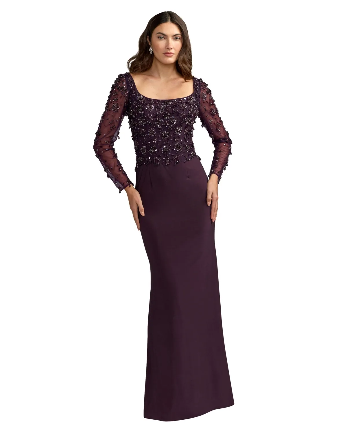 Mac Duggal Embellished Mesh Long-Sleeve Scoop Neck Gown by M.A.C.