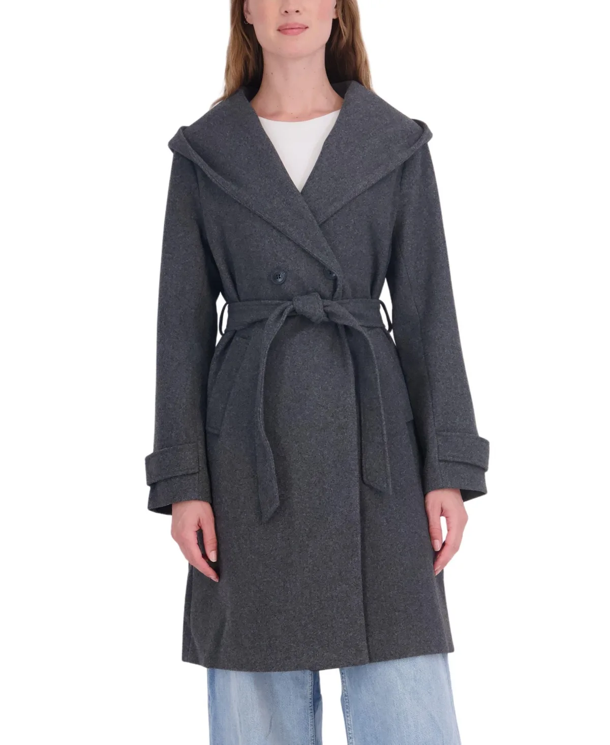 Long Faux Wool Hooded Belted Double Breasted Coat