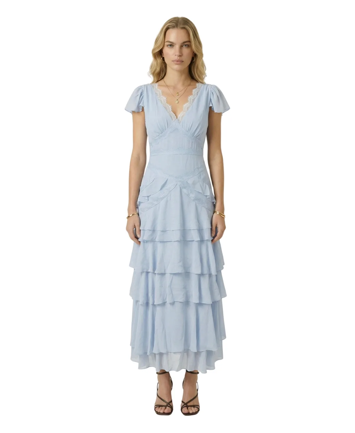 Tiered V-Neck Flutter-Sleeve Maxi Dress by Modenaire