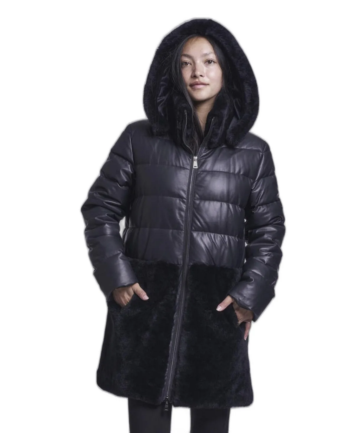 Leather Down and Shearling Coat by Blue Duck