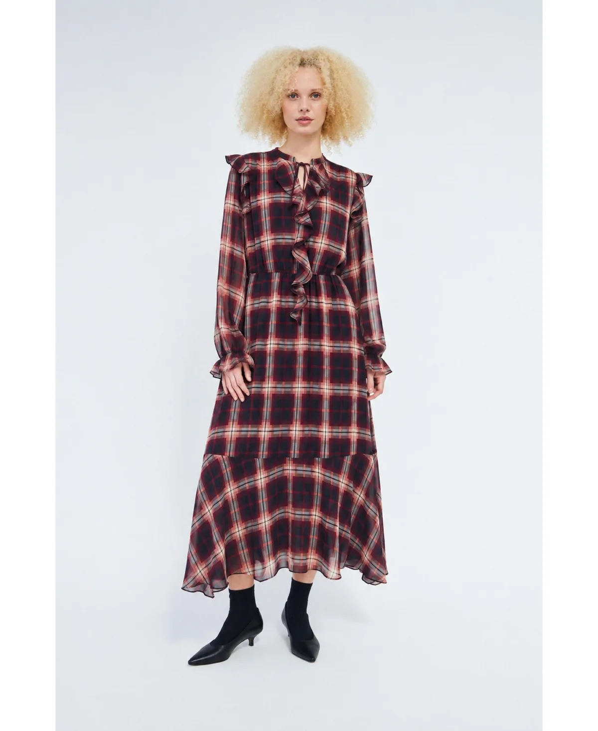 Ditta Long-Sleeve Tie Neck Ruffle Midi Dress by Cras