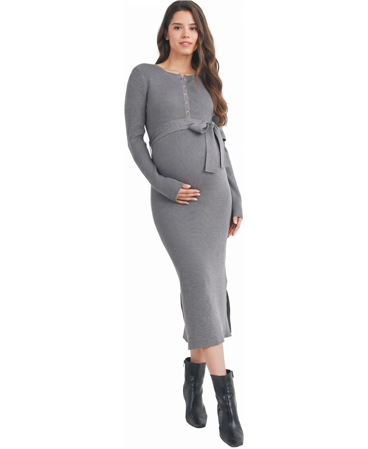 Ribbed Button-Down Belted Nursing Dress by Hello Miz