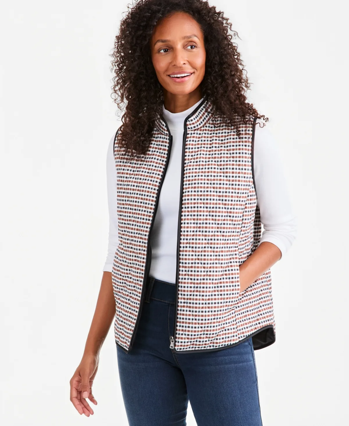 Mock-Neck Quilted Micro-Plaid Vest by Style & Co