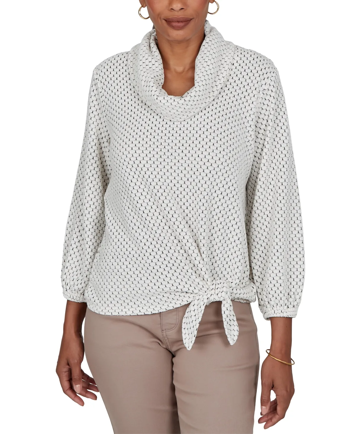 New Neutrals Honeycomb-Knit Tie-Front 3/4-Sleeve Top by Ruby Rd