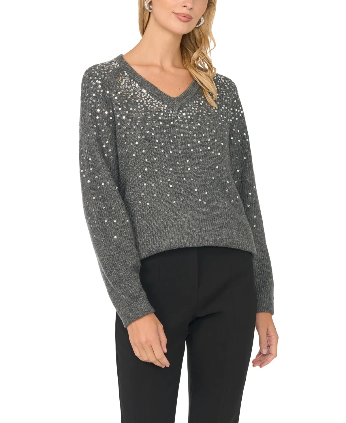 V-Neck Sequin Ribbed-Knit Sweater