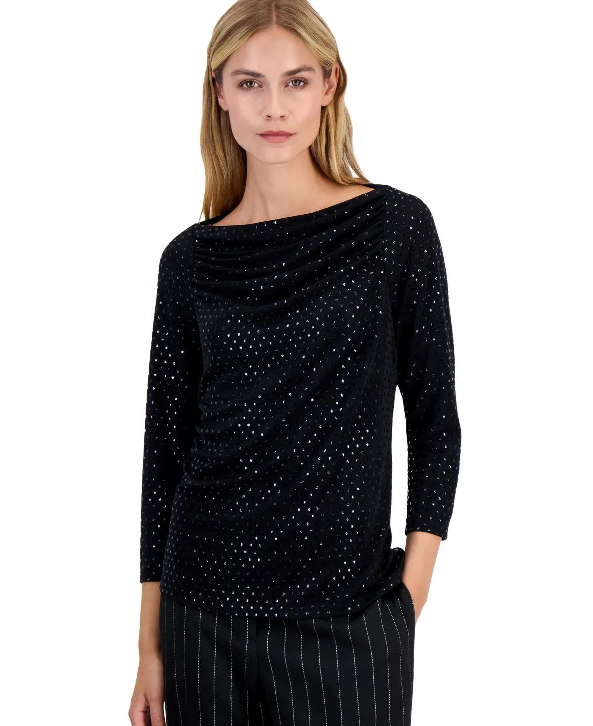 Boat Neck 3/4-Sleeve Shirred-Front Blouse by Kasper