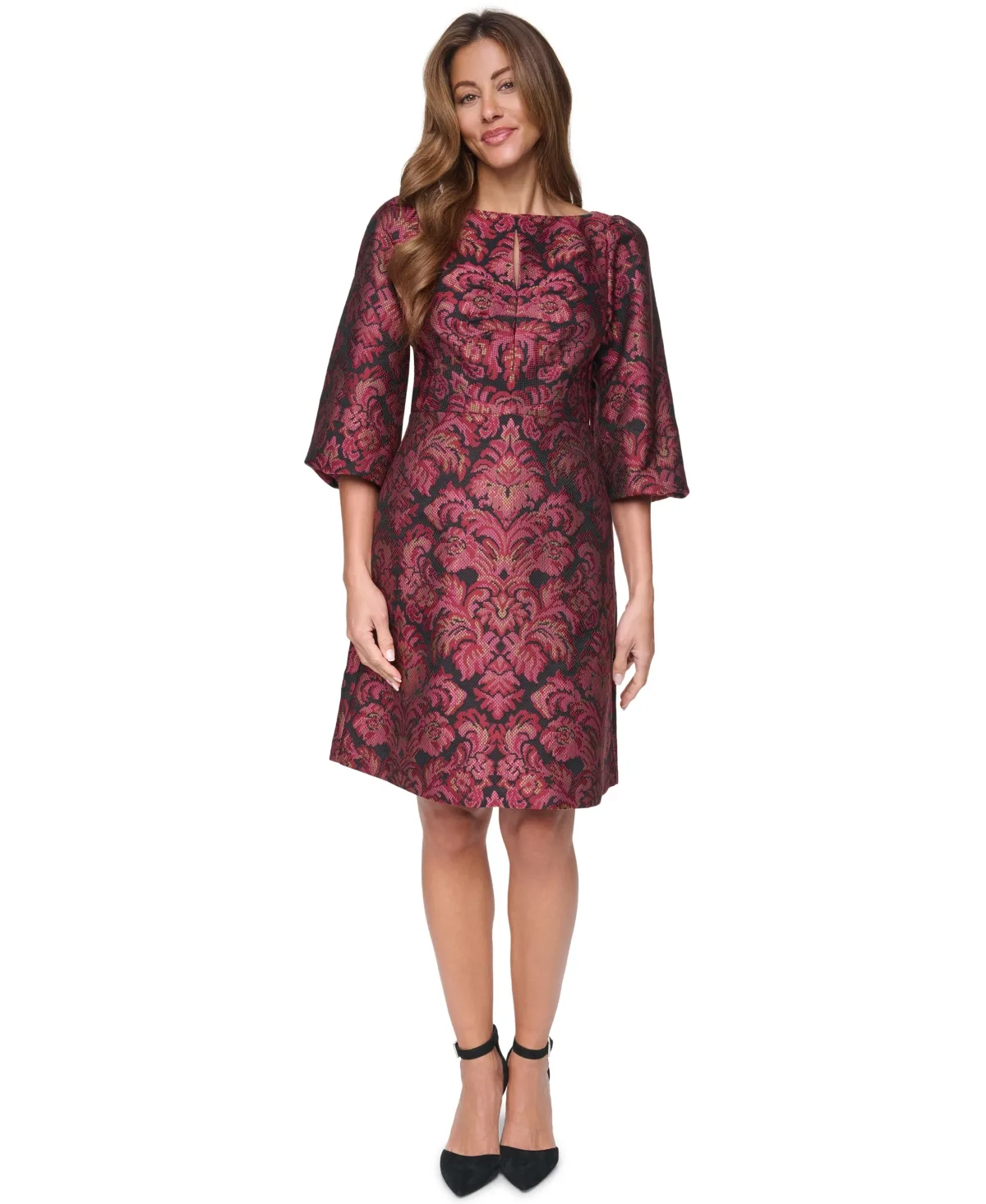 Boat Neck A-Line Ruched Keyhole Bodice Dress by Eliza J