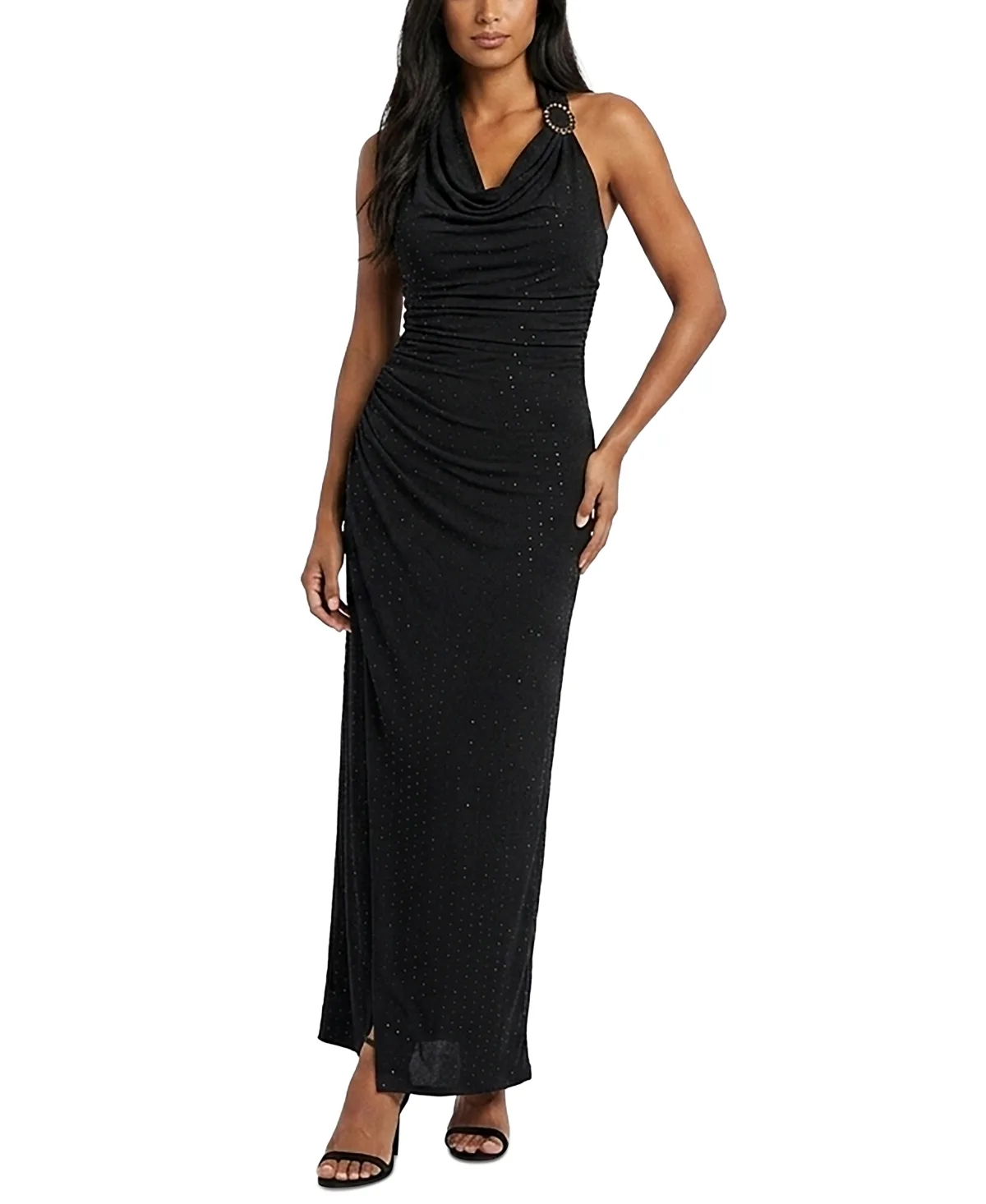Sparkle Cowl Neck Rhinestone-Detail Fit & Flare Dress