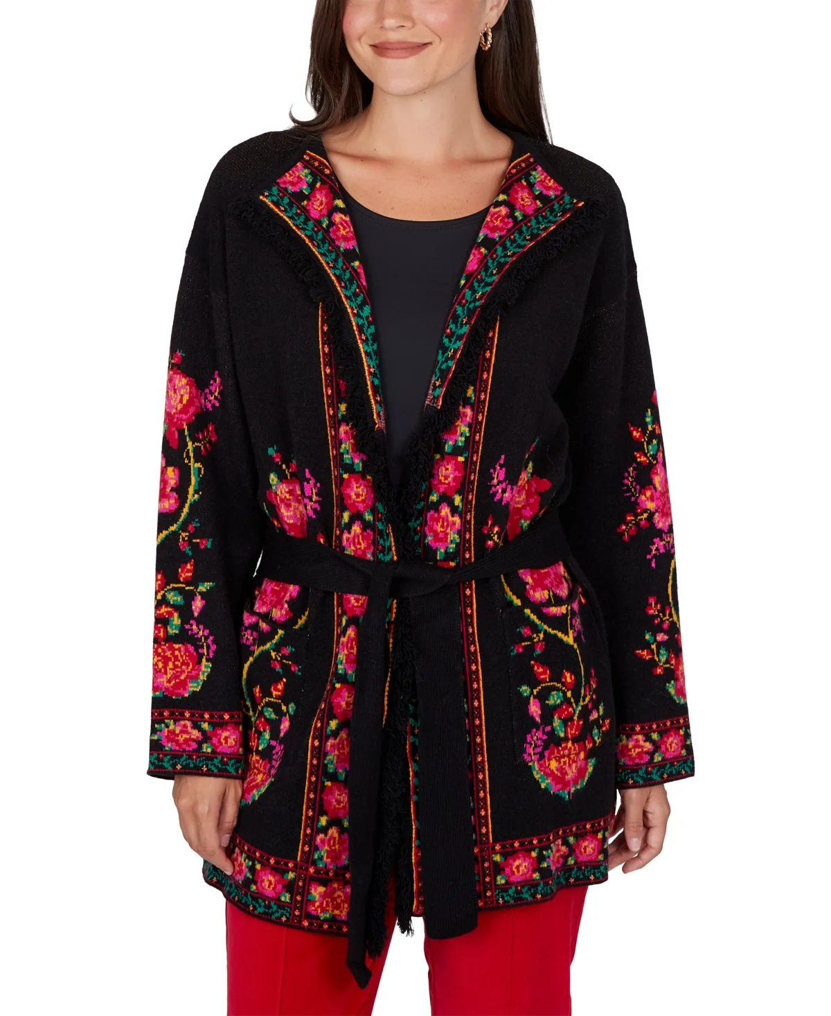 Shawl Collar Floral-Print Long-Sleeve Cardigan by Ruby Rd