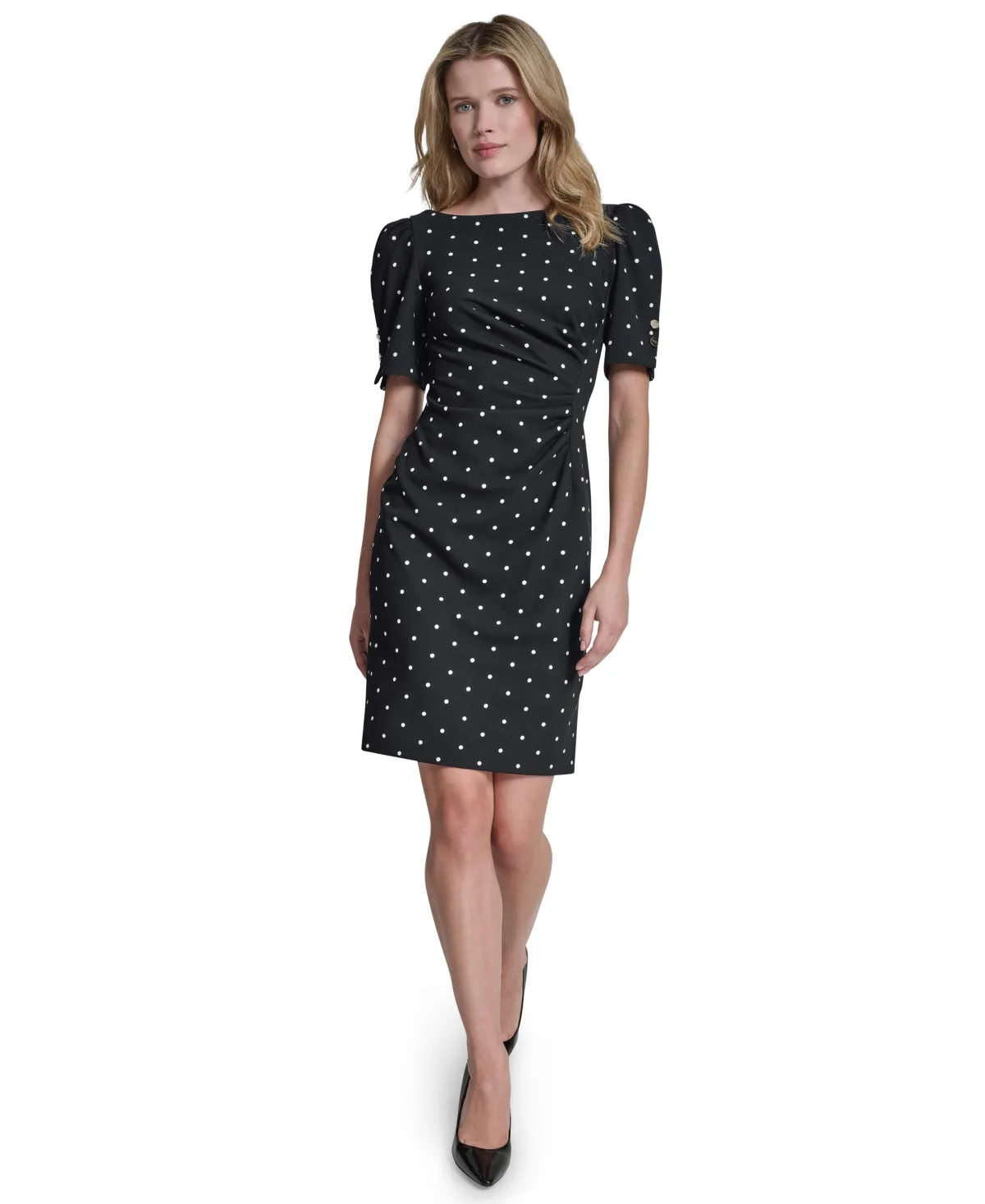 Ruched Puff-Sleeve Polka-Dot Dress