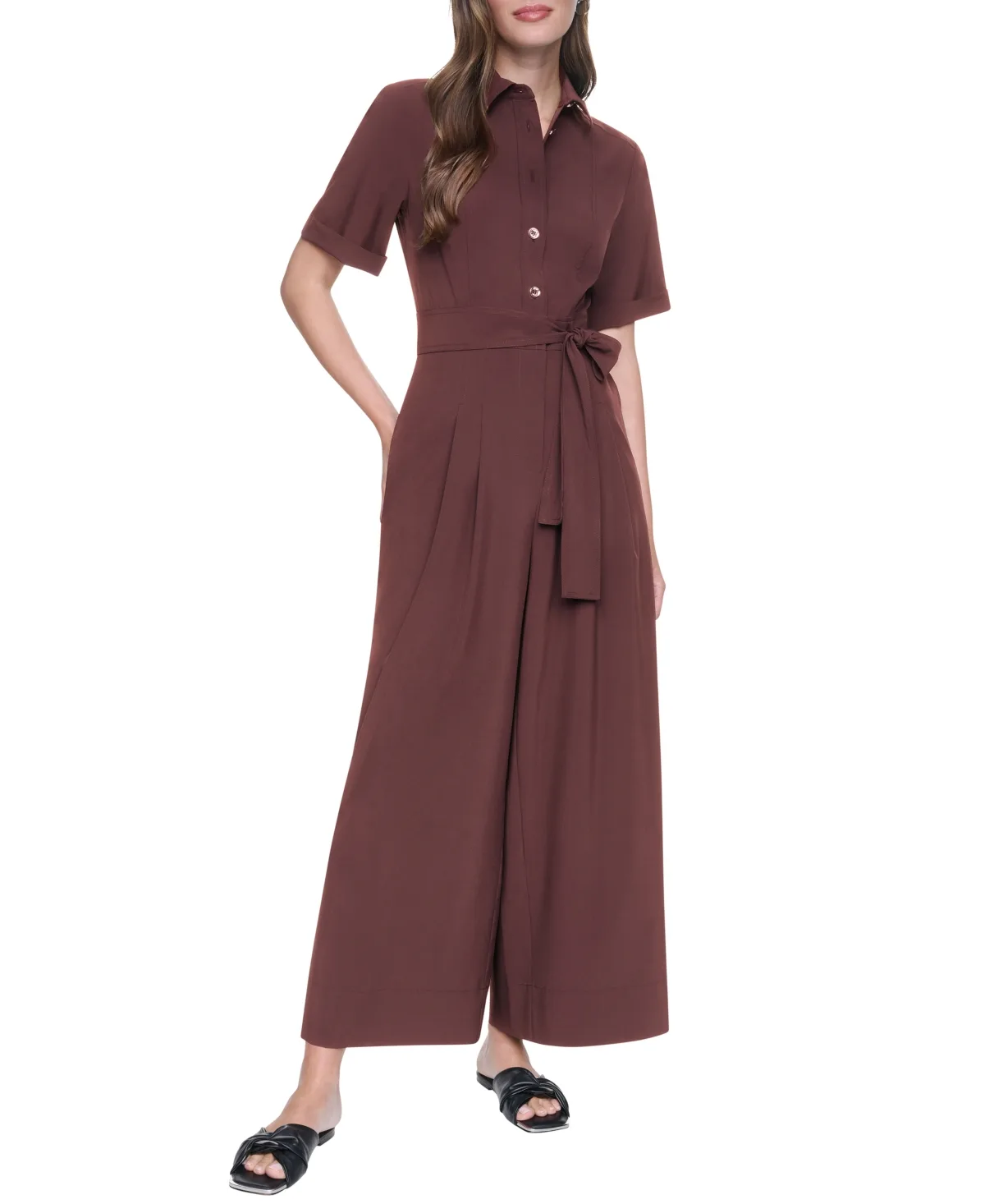 Wide-Leg Short-Sleeve Collared Jumpsuit by DKNY