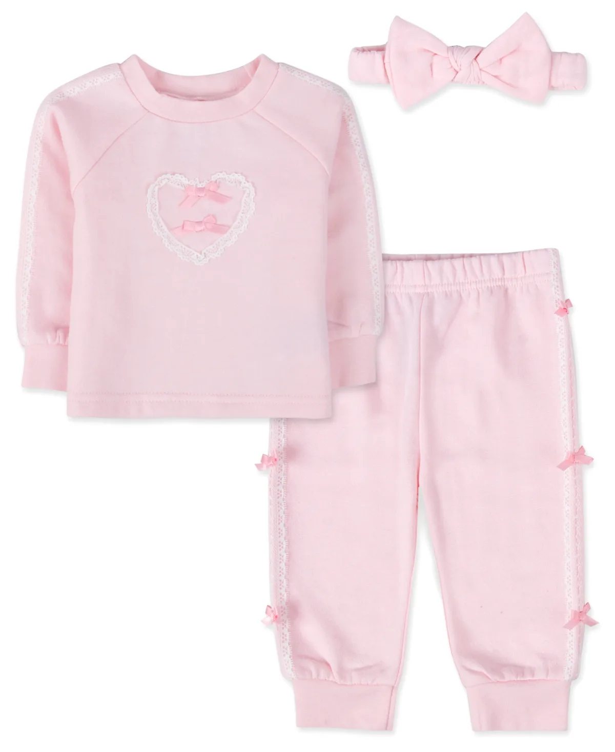 Long-Sleeve Fleece Bow Sweatsuit Top, Pants, and Headband, 3-Piece Set by Baby Essentials