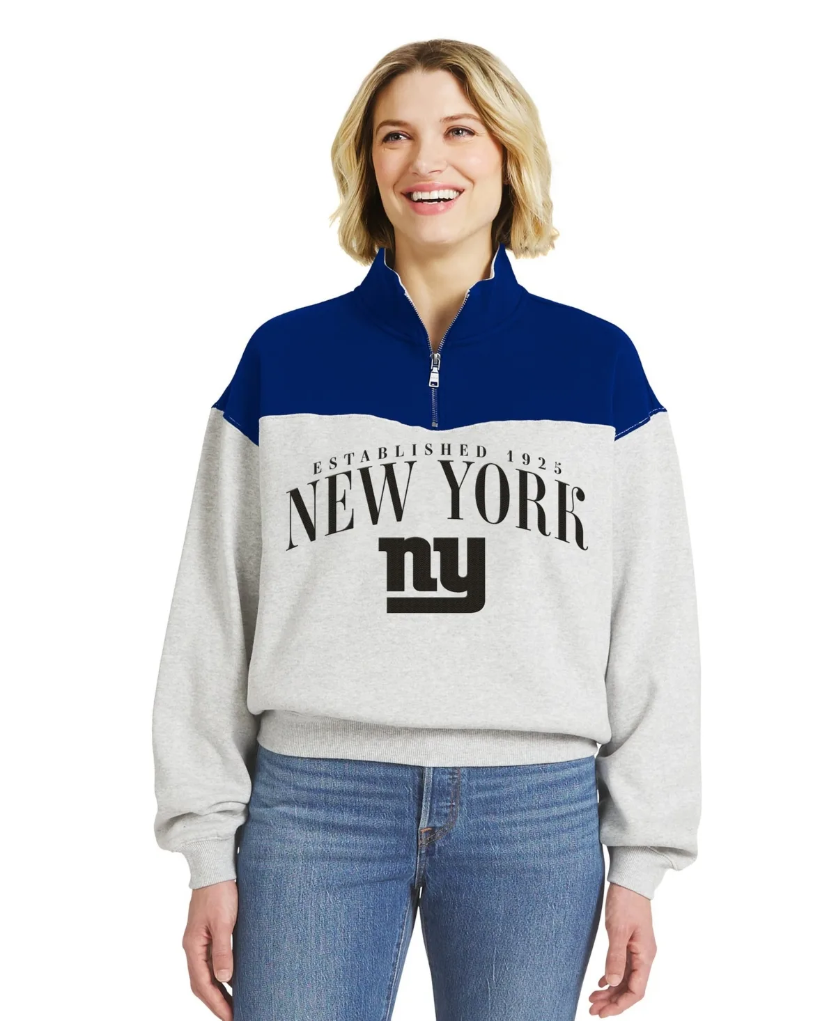 New York Giants Colorblock Half-Zip Mock Neck Pullover by Wear by Erin Andrews