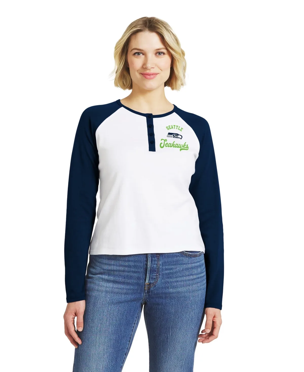 Seattle Seahawks Henley Long Sleeve Raglan T-Shirt by Wear by Erin Andrews