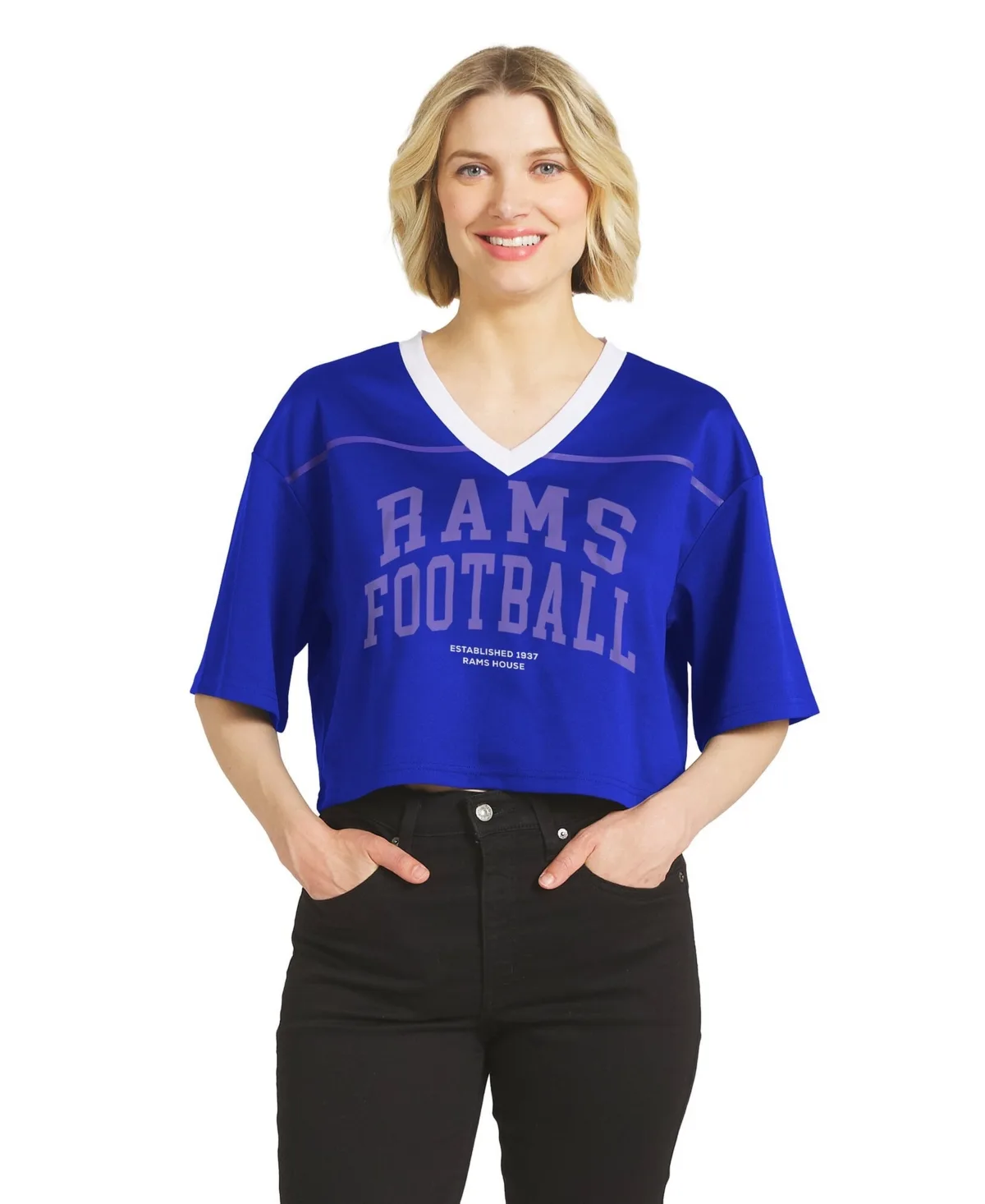 Los Angeles Rams Cropped Dropped-Shoulder V-Neck T-Shirt by Wear by Erin Andrews