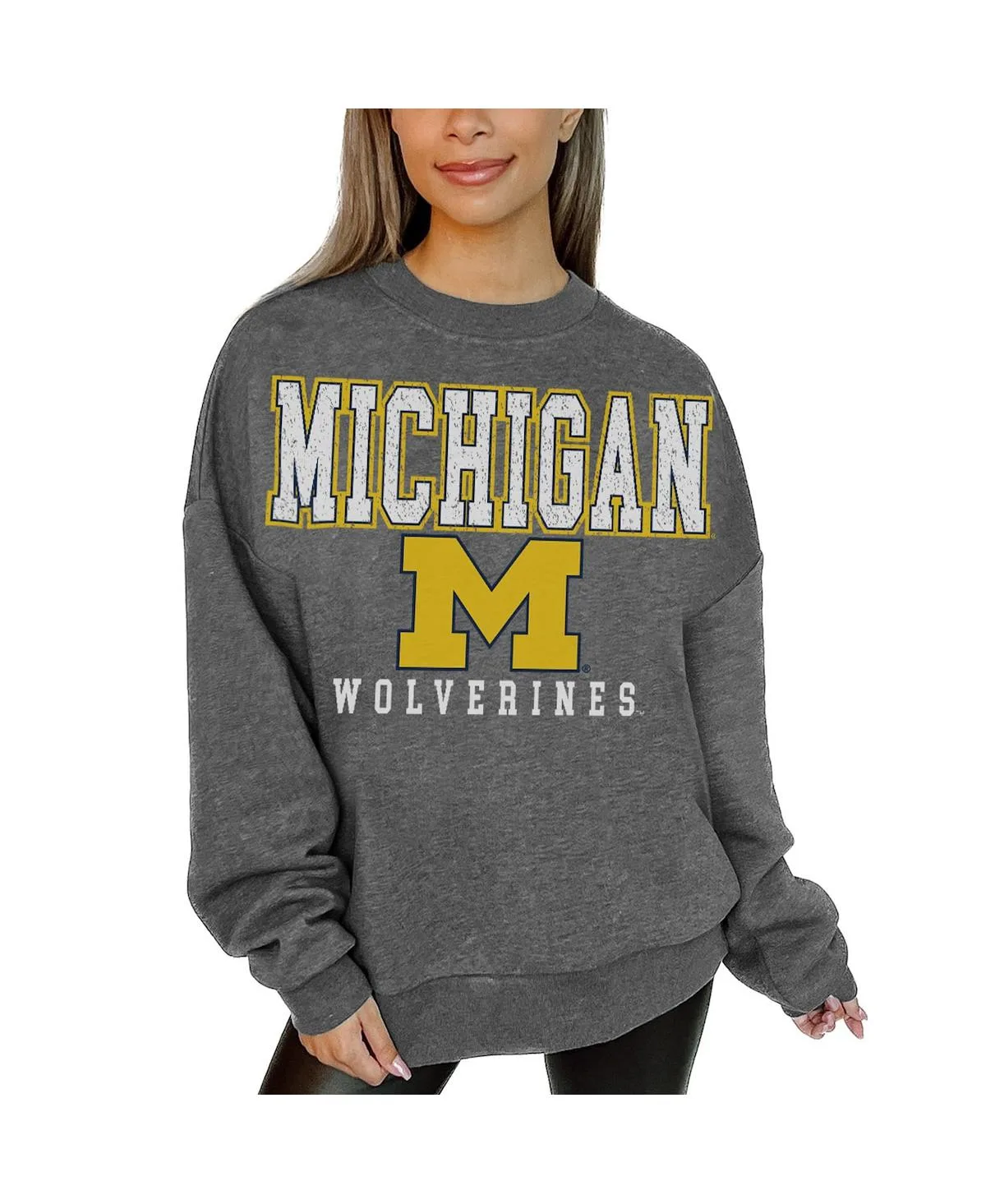Michigan Wolverines Oversized Distressed Fleece Pullover Sweatshirt by Gameday Couture