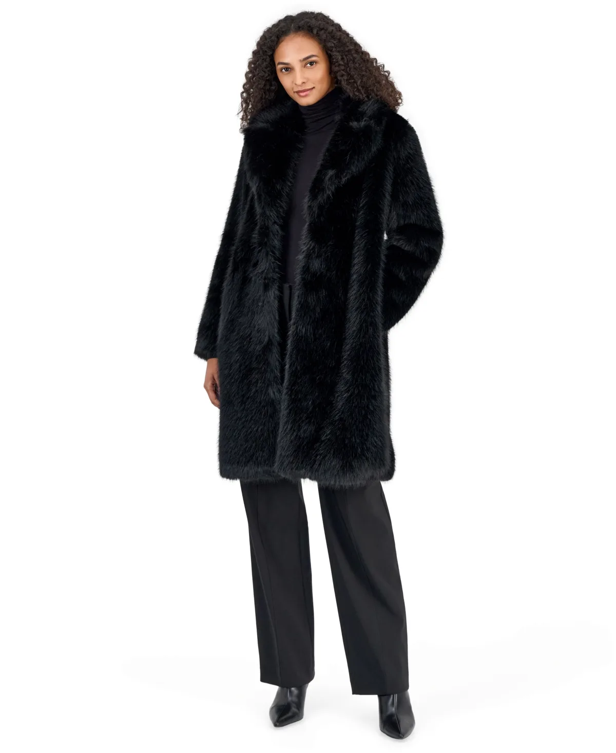 Notched-Collar Mid-Length Faux Fur Coat by Anne Klein