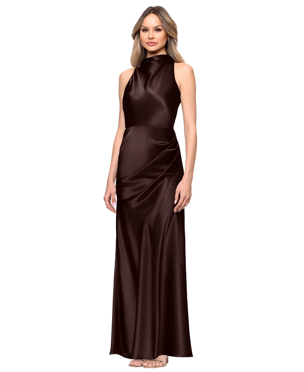 Cowl Neck Ruched Satin Gown by Betsy & Adam
