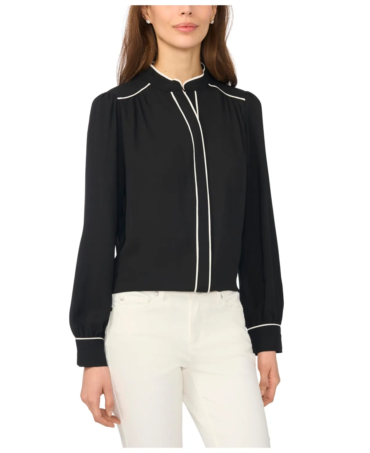 Long-Sleeve Open-Collar Blouse with Contrast Piping