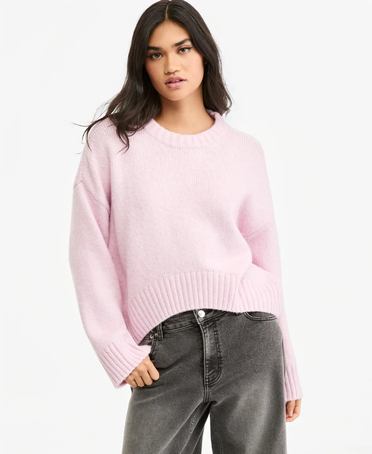 High-Low Crewneck Long-Sleeve Sweater
