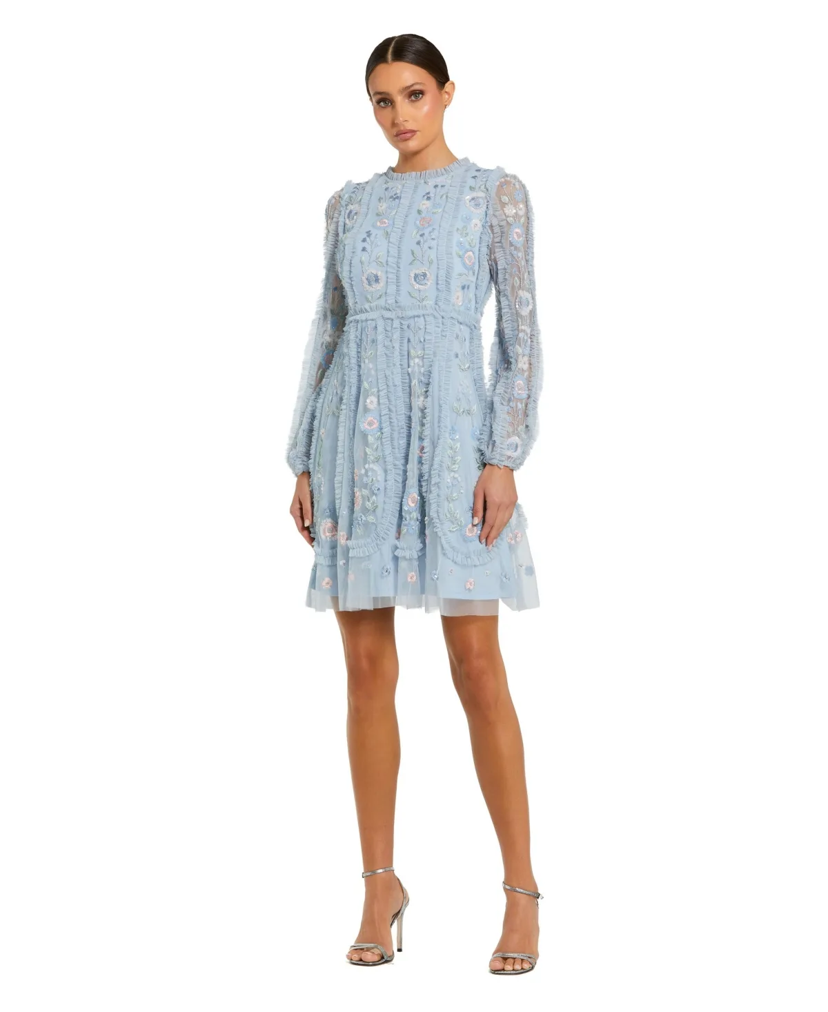 Mac Duggal Floral-Embroidered Ruffle Long-Sleeve Dress by M.A.C.