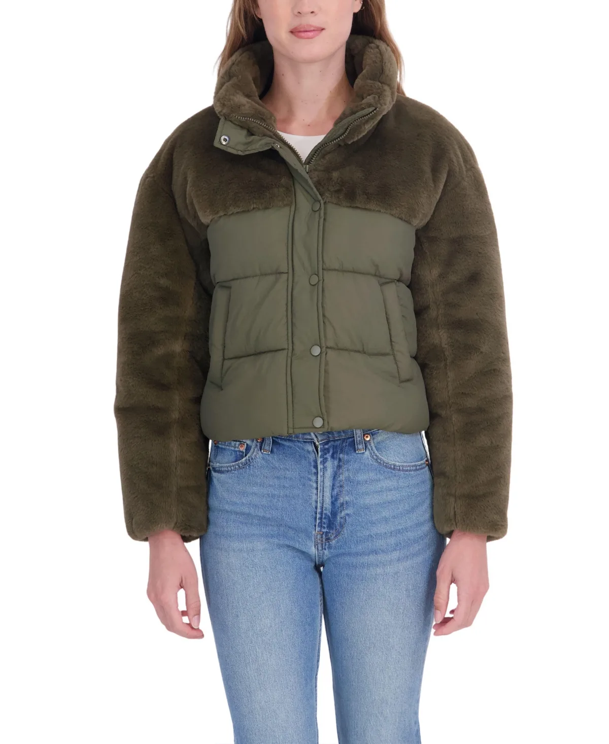 Short Mix Media Puffer Jacket by Sebby Collection