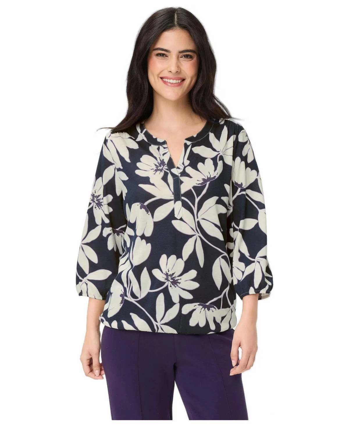Magnolia Print V-Neck 3/4-Sleeve Tunic