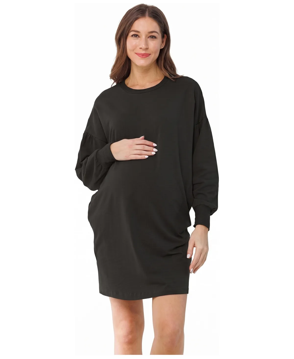 Maternity Crewneck Cotton-Blend Balloon-Sleeve Sweater Dress with Pockets by Hello Miz