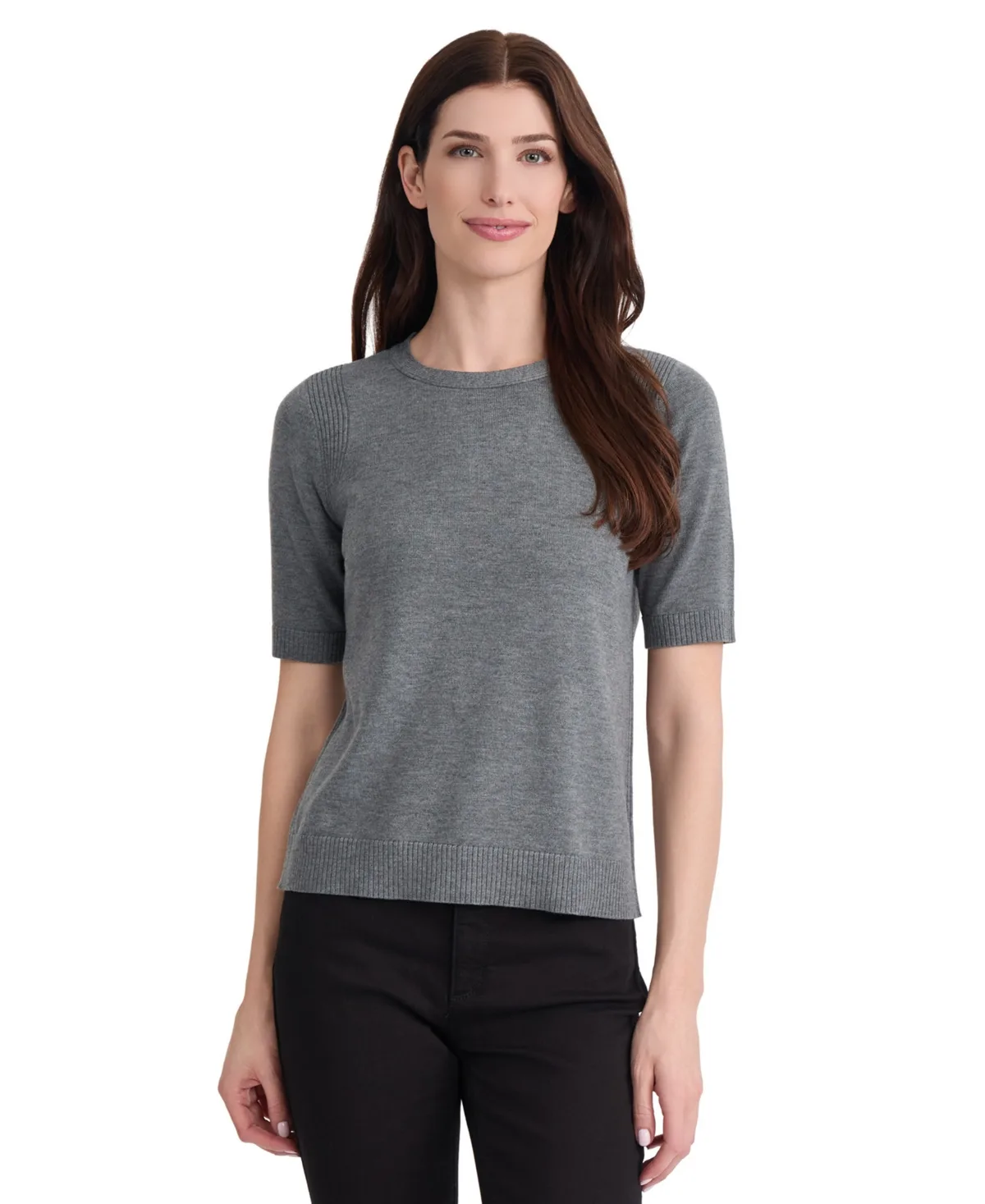 Short-Sleeve Crewneck Accent Ribs Tee by Jones New York