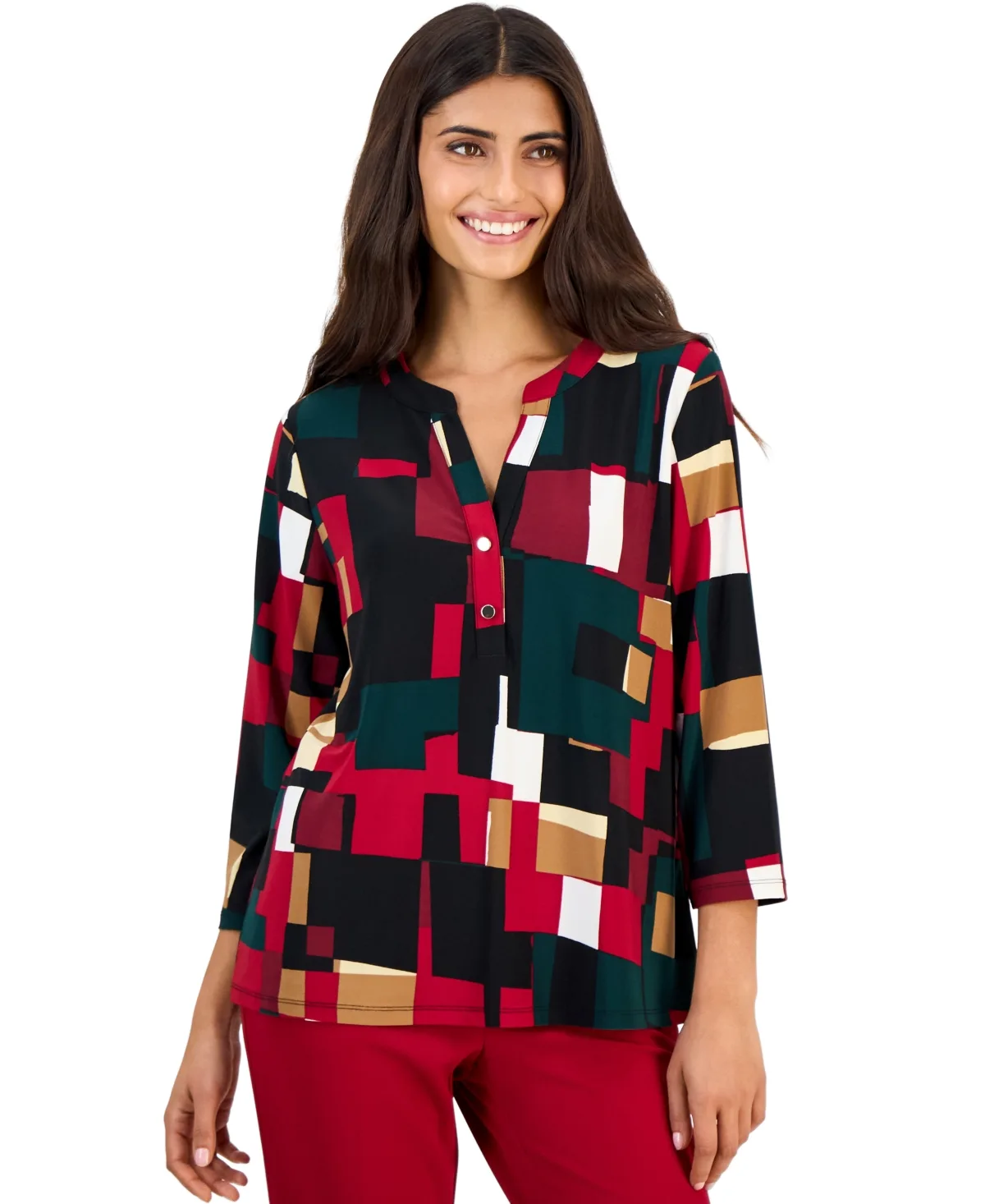 Essentials Henley 3/4-Sleeve Split-Neck Top by Anne Klein