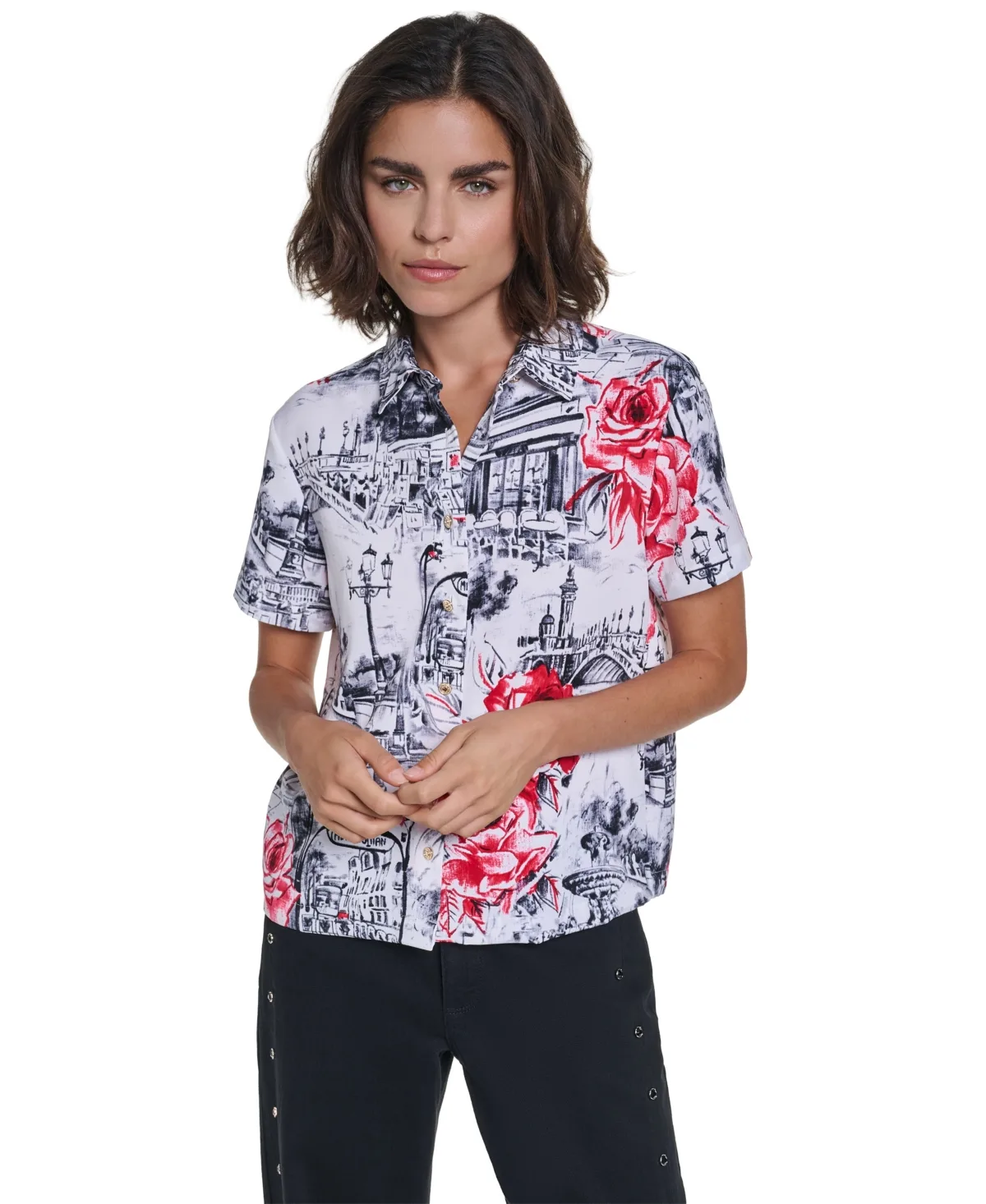 Allover-Print Short-Sleeve Button-Down Blouse by Karl Lagerfeld