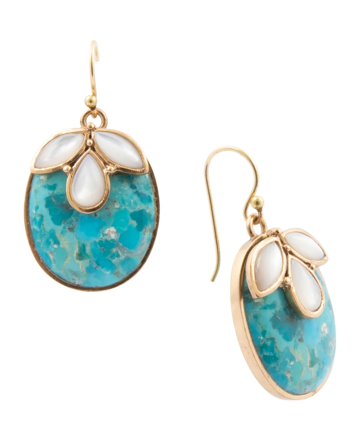 Turquoise and White Mother of Pearl and Blue Turquoise Petal Golden Drop Earrings by Barse