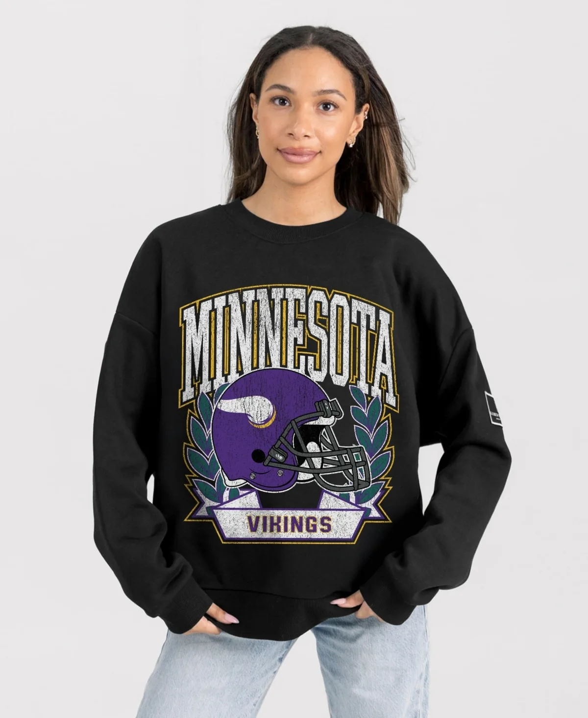 Minnesota Vikings Victory Lane Oversized Dropped-Shoulder Distressed-Graphic Sweatshirt by Gameday Couture