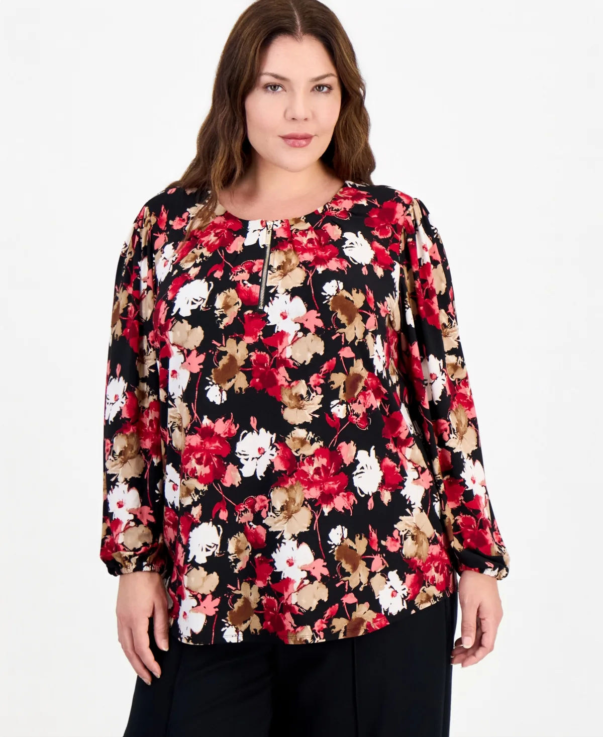 Essentials Long-Sleeve V-Neck Floral Blouse by Anne Klein