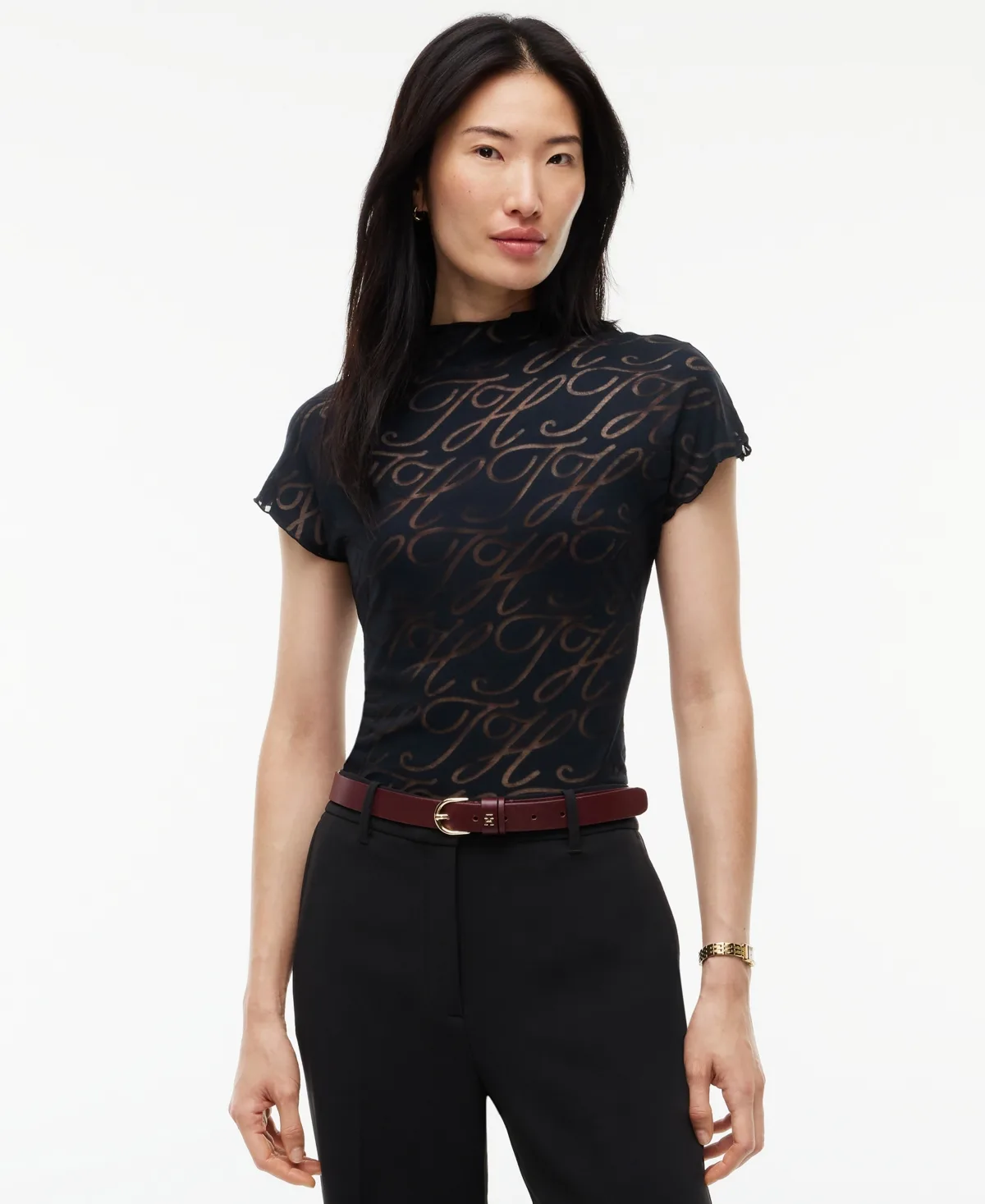 Mock Neck Cap Sleeve Burnout T-Shirt by Tommy Hilfiger
