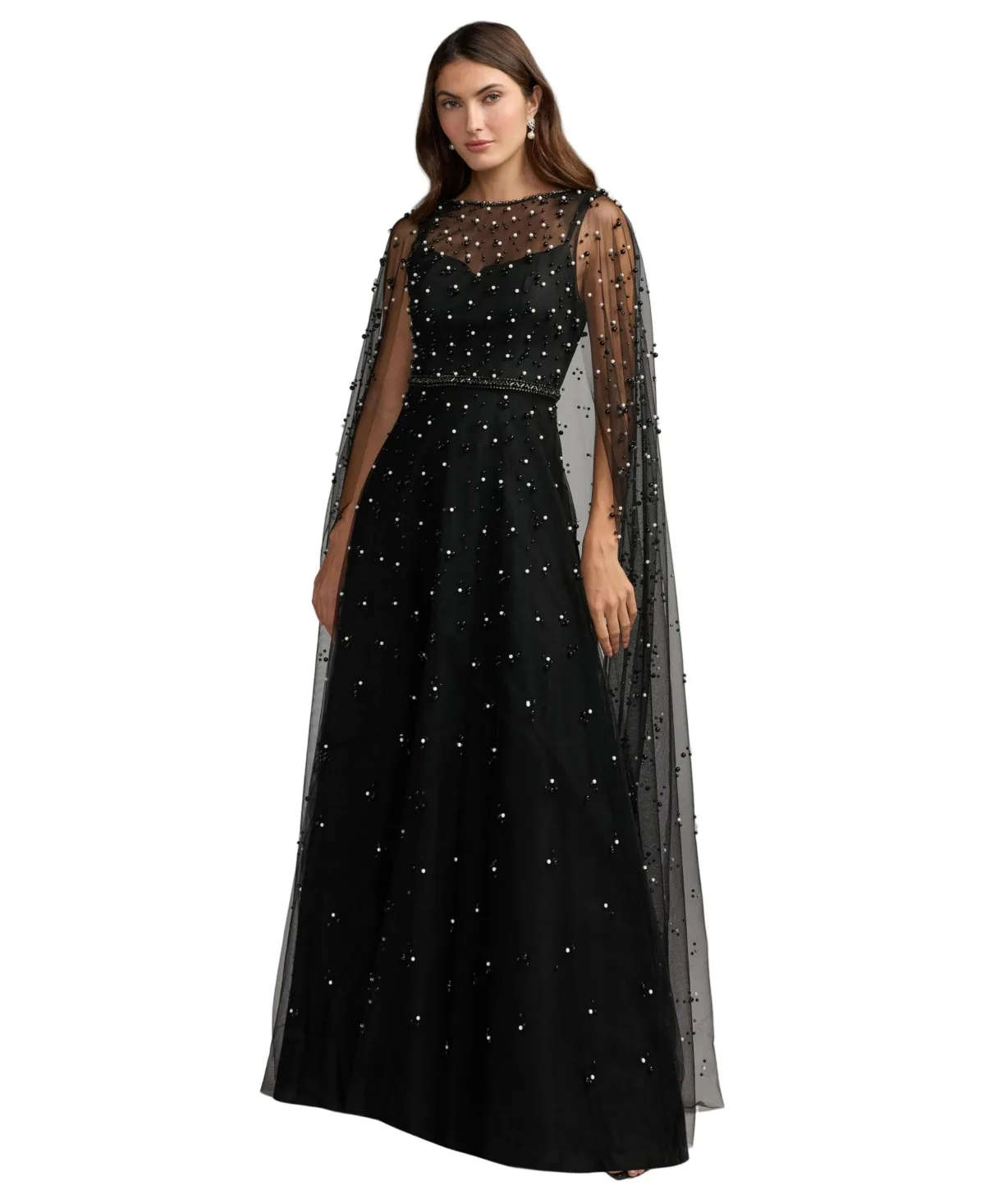 Pearl Embellished Illusion Cape Sleeve Ball Gown by M.A.C.