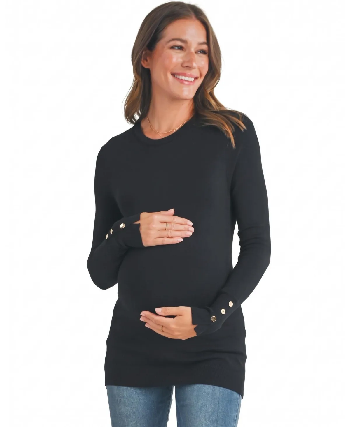 Maternity Long-Sleeve Crew Neck Button-Detail Sweater by Hello Miz
