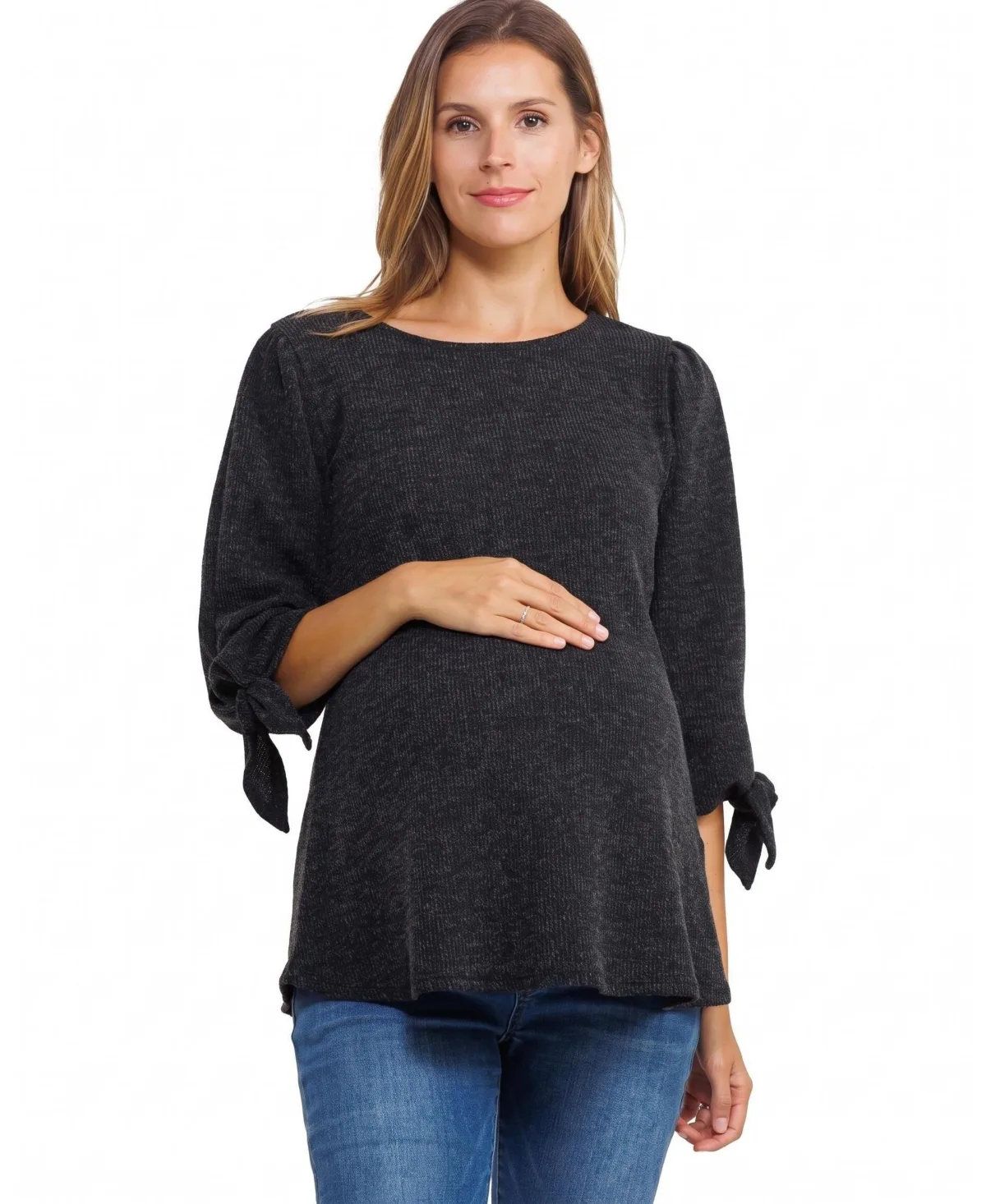 Maternity Knit 3/4 Tie-Sleeve Top by Hello Miz