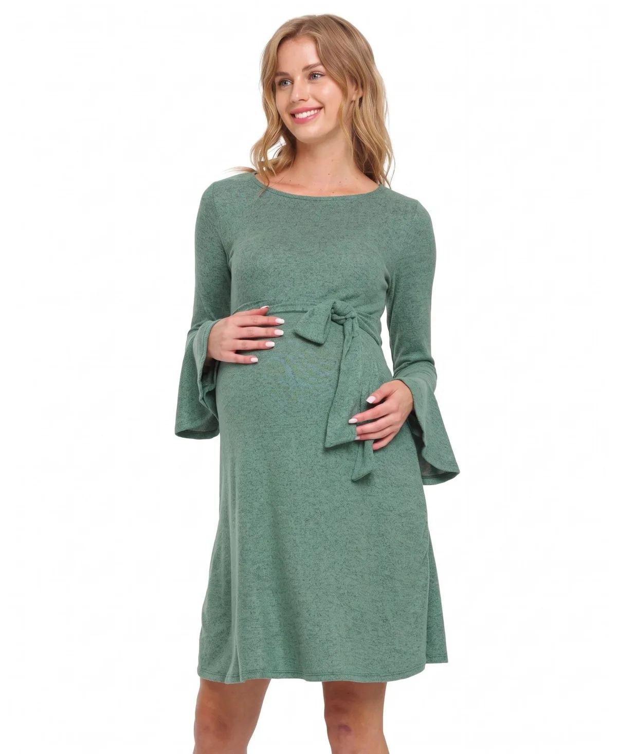 Maternity Back Keyhole Bell-Sleeve Hacci Dress by Hello Miz