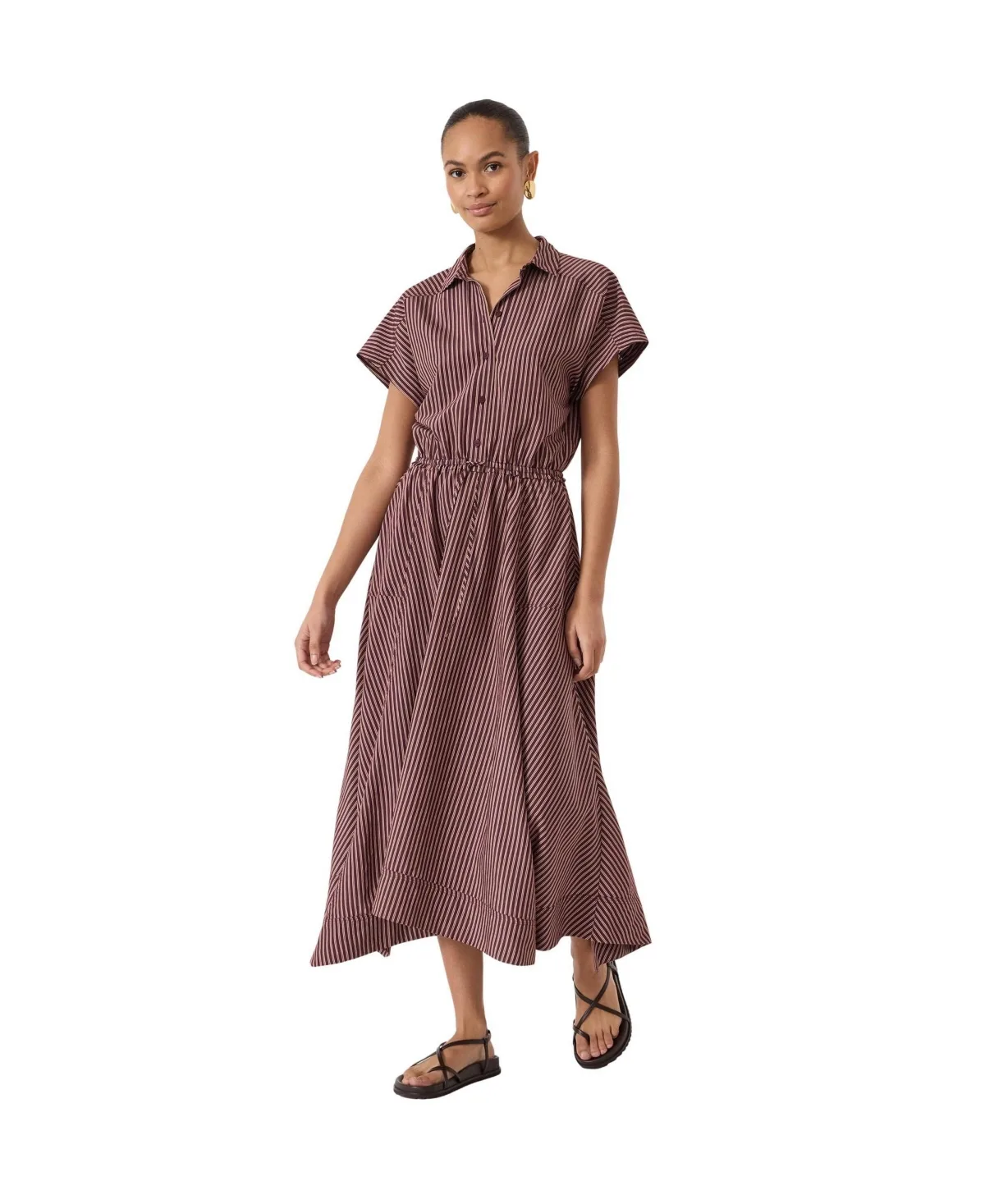Mira Striped Collared Short-Sleeve Midi Shirt Dress by Hush